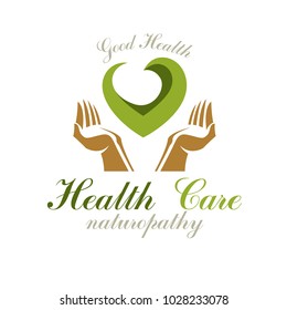 Caring hands holding heart. Alternative medicine concept, vector phytotherapy logo. Strong heart is good health.