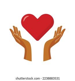 Manos atentas sosteniendo el corazón. Concepto de medicina alternativa, logotipo de fitoterapia vectorial.