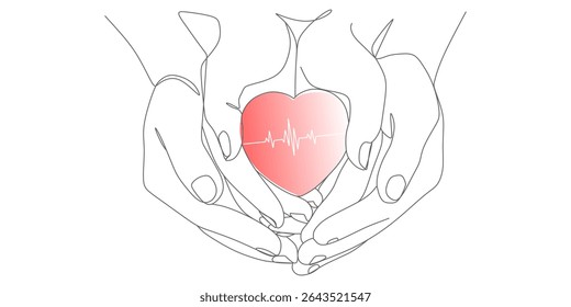Caring Hands Holding Heart  ECG Line – Minimalist Continuous‑Line Health Concept