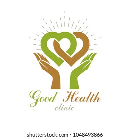 Caring hands holding heart, vector graphic symbol. Homeopathy creative logo. Charity and volunteer concept.