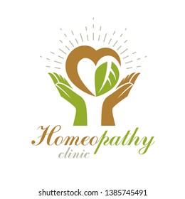 Caring hands holding heart, vector graphic symbol. Homeopathy creative logo. Charity and volunteer concept.