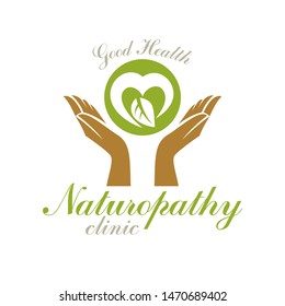Caring hands holding heart, vector graphic symbol. Homeopathy creative logo. Charity and volunteer concept.