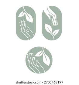 Manos cariñosas sosteniendo hojas, iconos vectoriales para la naturaleza y el bienestar