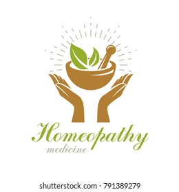 Caring hands holding mortar and pestle. Phytotherapy metaphor, vector graphic emblem can be used in medical treatment organizations.