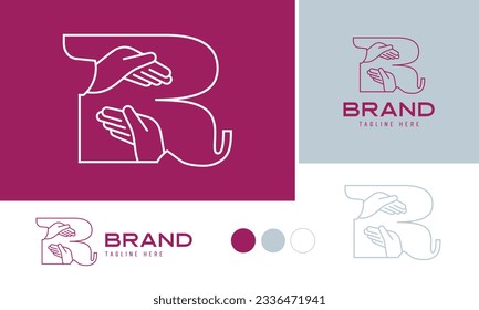 Caring hands logo using alphabet letter R with lines suitable for clinics, hospital, health, medical, heal, service, protection brands and business, included logo variation and swatches for branding