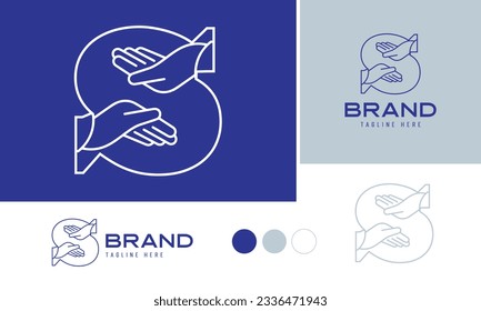 Caring hands logo using alphabet letter S with lines suitable for clinics, hospital, health, medical, heal, service, protection brands and business, included logo variation and swatches for branding