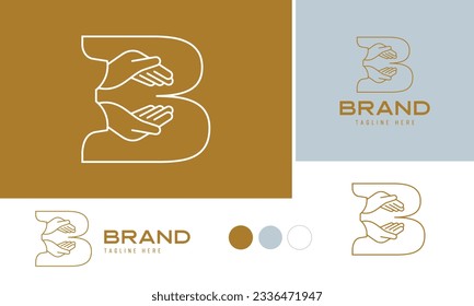 Caring hands logo using alphabet letter B with lines suitable for clinics, hospital, health, medical, heal, service, protection brands and business, included logo variation and swatches for branding