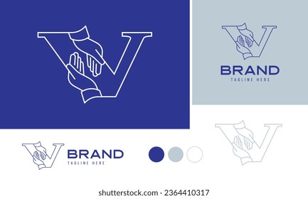 Caring hands logo using alphabet letter V with lines suitable for clinics, hospital, health, medical, heal, service, protection brands and business, included logo variation and swatches for branding