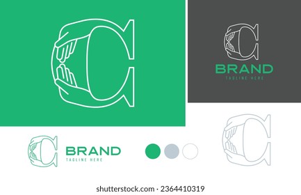 Caring hands logo using alphabet letter C with lines suitable for clinics, hospital, health, medical, heal, service, protection brands and business, included logo variation and swatches for branding