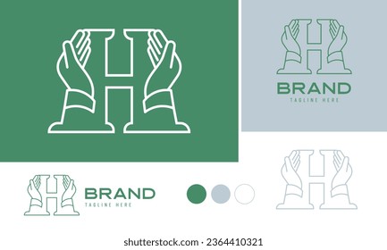 Caring hands logo using alphabet letter H with lines suitable for clinics, hospital, health, medical, heal, service, protection brands and business, included logo variation and swatches for branding