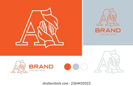 Caring hands logo using alphabet letter A with lines suitable for clinics, hospital, health, medical, heal, service, protection brands and business, included logo variation and swatches for branding