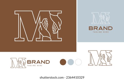 Caring hands logo using alphabet letter M with lines suitable for clinics, hospital, health, medical, heal, service, protection brands and business, included logo variation and swatches for branding