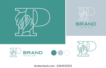 Caring hands logo using alphabet letter P with lines suitable for clinics, hospital, health, medical, heal, service, protection brands and business, included logo variation and swatches for branding