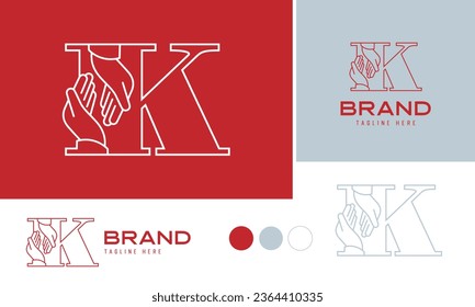 Caring hands logo using alphabet letter K with lines suitable for clinics, hospital, health, medical, heal, service, protection brands and business, included logo variation and swatches for branding