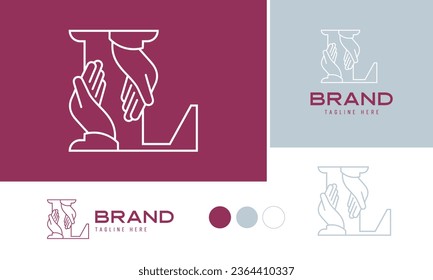 Caring hands logo using alphabet letter L with lines suitable for clinics, hospital, health, medical, heal, service, protection brands and business, included logo variation and swatches for branding