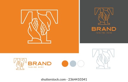 Caring hands logo using alphabet letter T with lines suitable for clinics, hospital, health, medical, heal, service, protection brands and business, included logo variation and swatches for branding