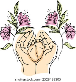 caring hands of parents holding baby's feet