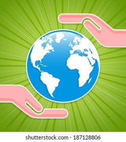 Caring hands with planet Earth on green background with rays