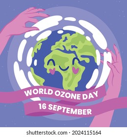 Caring hands protect the ozone layer of the planet Earth, author's vector illustration, world day of the ozone layer