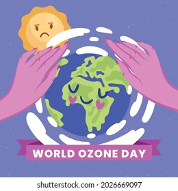 Caring hands protect the ozone layer of the planet Earth, author's vector illustration, world day of the ozone layer