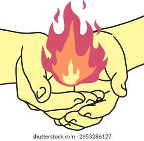 Caring Hands Protecting Burning Flame Vector. Symbolizing energy, protection, warmth, and safety. Perfect for concepts about renewable energy, care, power, and human responsibility.