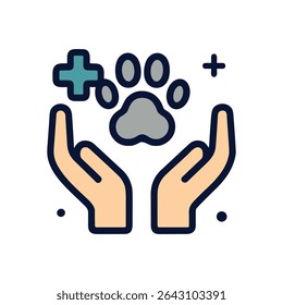 Caring hands protecting a pet paw. Icon symbol illustration