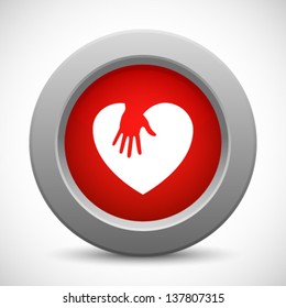 Caring hands red button, vector illustration  