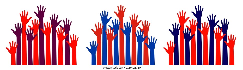 Caring up hands set. Logo design element. Volunteers hands up emblem icon for education, health care, medical, volunteer, vote. Vector illustration 