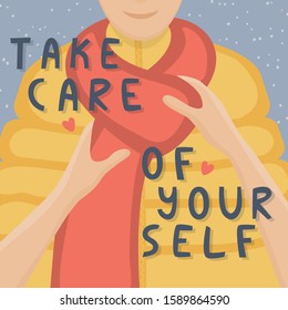Caring hands tie the scarf and wish take care