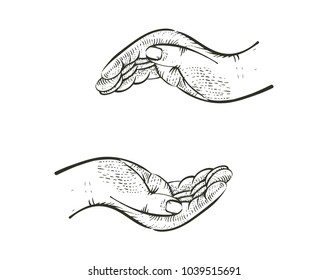 Caring hands together. Vector illustration in engraved style