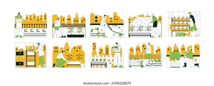 Caring for and harvesting plants grown on rooftop of house, outline style, urban farming vector illustration.