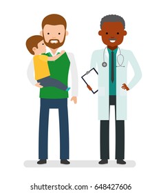 Caring for the health of the child. The pediatrician and the father with son on a white background. African doctor. Family doctor. Vector illustration in a flat style