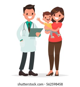 Caring for the health of the child. The pediatrician and the mother with a baby on a white background. Vector illustration in a flat style