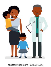 Caring for the health of the child. The pediatrician and the mother with son and daughter on a white background. African Americans family. Children's doctor. Vector illustration in a flat style
