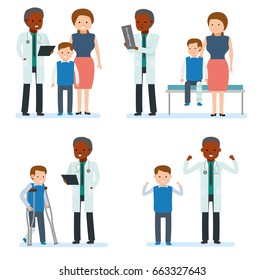 Caring for the health of the child. Set of pediatrician and the mother with son on a white background. African doctor. Family doctor. Vector illustration in a flat cartoon style