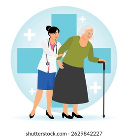 A Caring Healthcare Professional aiding a senior woman with a cane, depicting healthcare assistance. Health services concept.