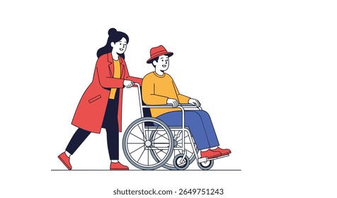Caring helper assisting an elderly person in a wheelchair outdoors with kindness and support promoting independence and mobility for all individuals