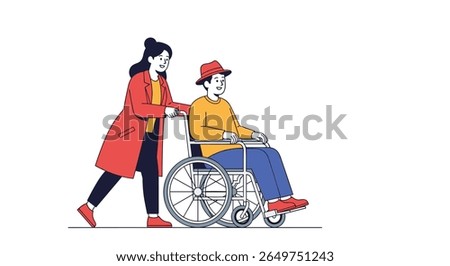 Caring helper assisting an elderly person in a wheelchair outdoors with kindness and support promoting independence and mobility for all individuals