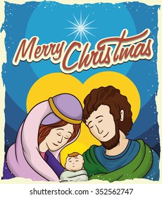 Caring Holy Family with the new born Jesus in Christmas postcard.