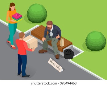 Caring for homeless. Help Homeless. Dirty homeless man holding sign asking for help. Flat 3d isometric vector illustration. Social problem and Volunteers design concept  svg
