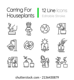 Juego de iconos lineales para el cuidado de plantas domésticas. Plantas cultivadas. Agua y luz correctas. Cuidado de las plantas domésticas. Símbolos de línea delgada personalizables. Ilustraciones aisladas del contorno vectorial. Trazo editable