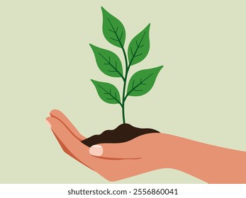 A caring human hand gently holding a young sapling, representing growth, responsibility, and commitment to nature.