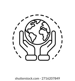 Cuidar das mãos humanas proteger e apoiar o símbolo do globo terrestre dentro de um ícone de círculo tracejado representando a proteção ambiental global e sustentabilidade