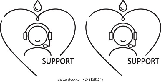 A caring icon features a headset-wearing person within a heart, with "SUPPORT" text and a drop, representing customer service or help.