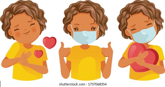 Caring icon set. Care reactions emoticon. Character of girls, gestures and feelings. Love cares and Thumbs up, hugs. Social media emoji reactions. Symbol illustration. Emoticon wearing face masks. 