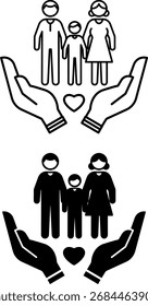 Ícones Importantes. Ilustrações de vetor em preto e branco. Pai, mãe e filho em mãos humanas. Proteção Social da Família. Conceito de Pessoas
