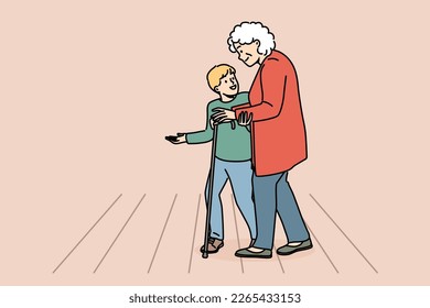 Caring little boy child helping mature grandmother cross road. Cute small kid hold hand assist elderly woman walk on street. Vector illustration. 