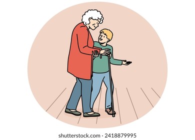 Caring little boy child helping mature grandmother cross road. Cute small kid hold hand assist elderly woman walk on street. Vector illustration.