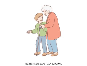 Caring little boy child helping mature grandmother cross road. Cute small kid hold hand assist elderly woman walk on street. Hand drawn style vector design illustrations.
