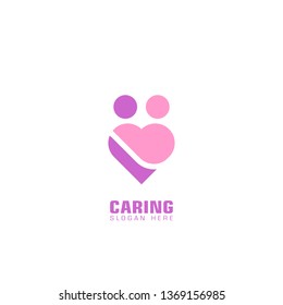 caring logo, two heart shaped people, an illustration of social care, flat logo isolated on white background.